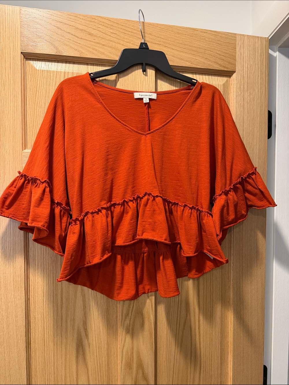 Francesca's Collections Rust Orange Ruffle V-Neck Tunic Top, Small